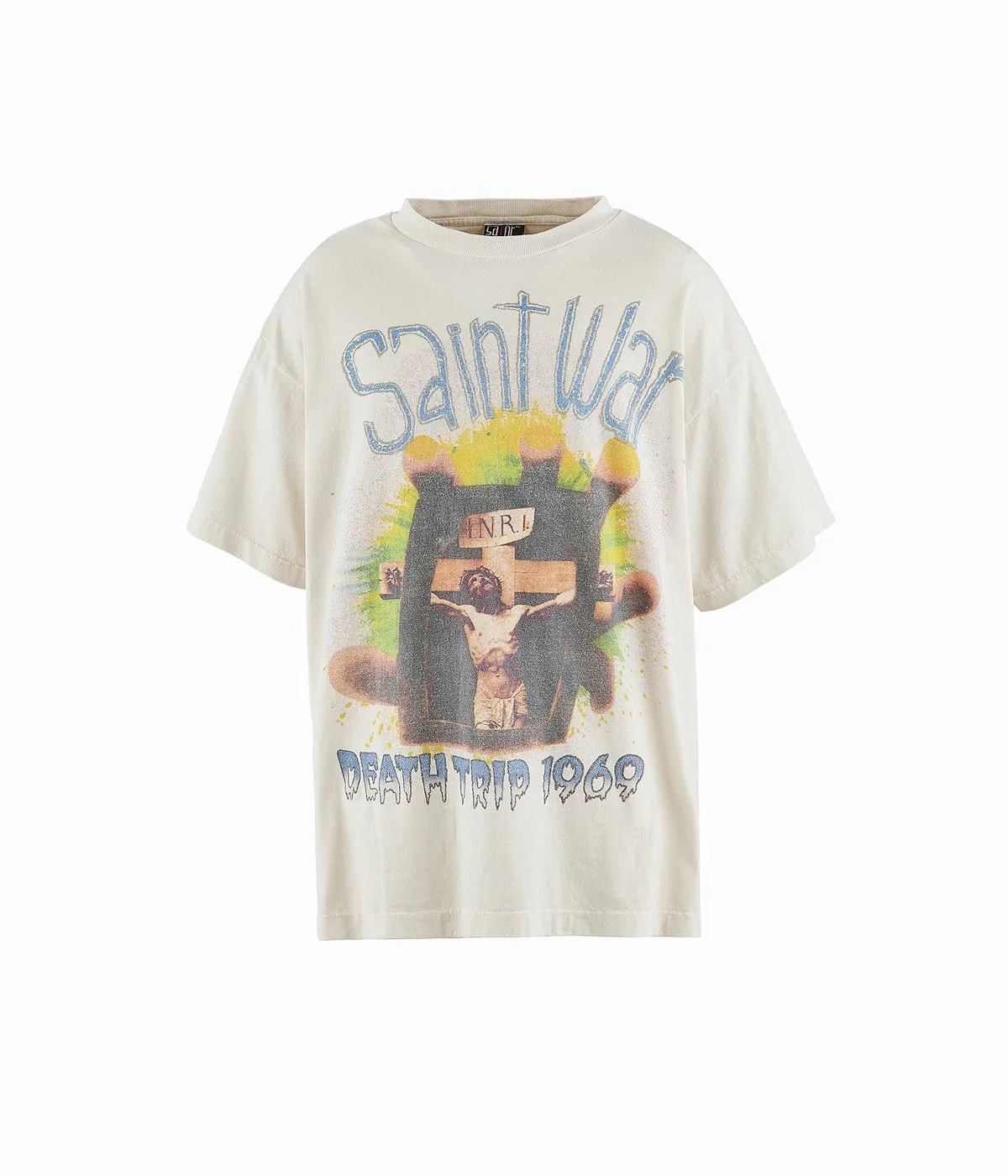 SAINT MICHAEL SAINT WAR TEE/WHAT new style Jesus cross retro short-sleeved, off-white S-XL, ready-to-wear, washed and distressed, printed repeatedly and modified, tube-woven seamless fabric, with little angel anti-counterfeiting label